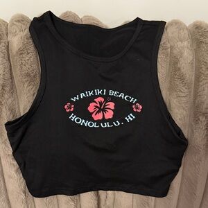 Black Waikiki Beach Honolulu HI Floral Crop Tank Top